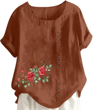Shirts for Women Cotton and Linen Top Fashionable Round Neck Street Style Simple Printed Short Sleeved Shirt Button Down