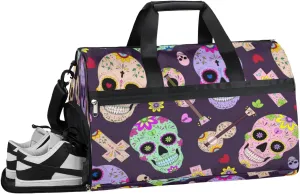 Skull Floral Sports Gym Bag with Wet Pocket & Shoes Compartment Waterproof Workout Duffel Bag for Women and Men Weekender Overnight Duffle Bag Travel Carry-on Tote
