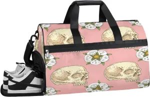 Skull Floral Style Sports Gym Bag with Wet Pocket & Shoes Compartment Waterproof Workout Duffel Bag for Women and Men Weekender Overnight Duffle Bag Travel Carry-on Tote
