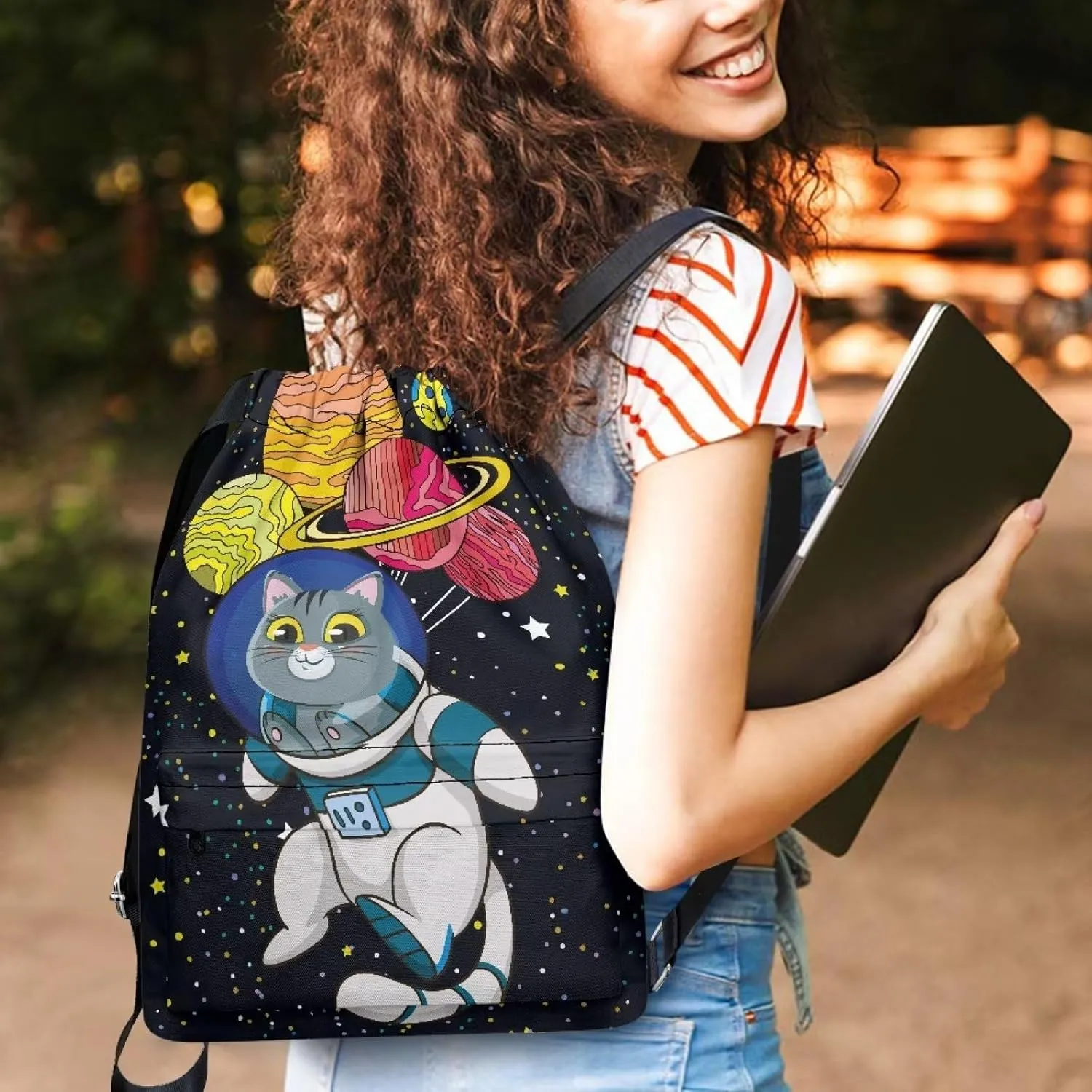Space Cat Planets Print Drawstring Backpack Sports Gym Bag with Shoes Compartment, Waterproof Draw String Back Bag for Men Women School Bag for Boy Girl Bookbag