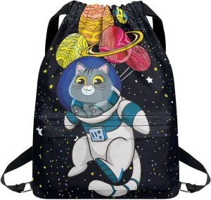 Space Cat Planets Print Drawstring Backpack Sports Gym Bag with Shoes Compartment, Waterproof Draw String Back Bag for Men Women School Bag for Boy Girl Bookbag