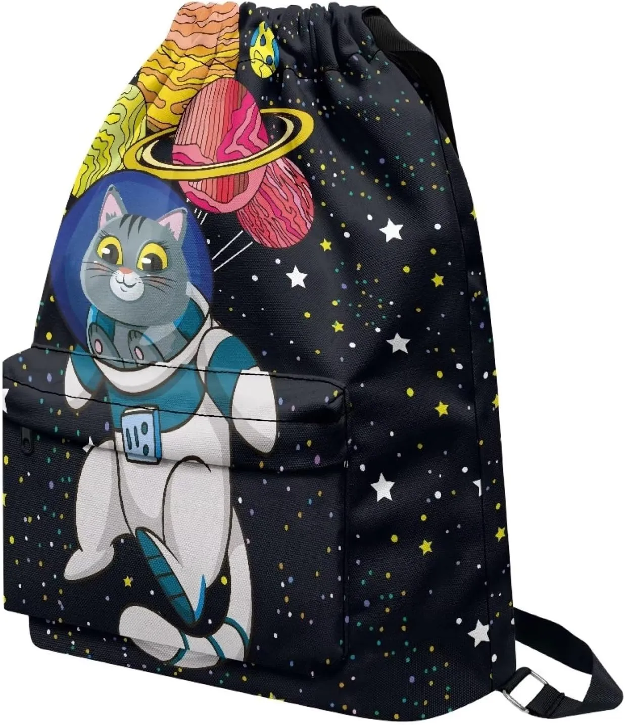 Space Cat Planets Print Drawstring Backpack Sports Gym Bag with Shoes Compartment, Waterproof Draw String Back Bag for Men Women School Bag for Boy Girl Bookbag