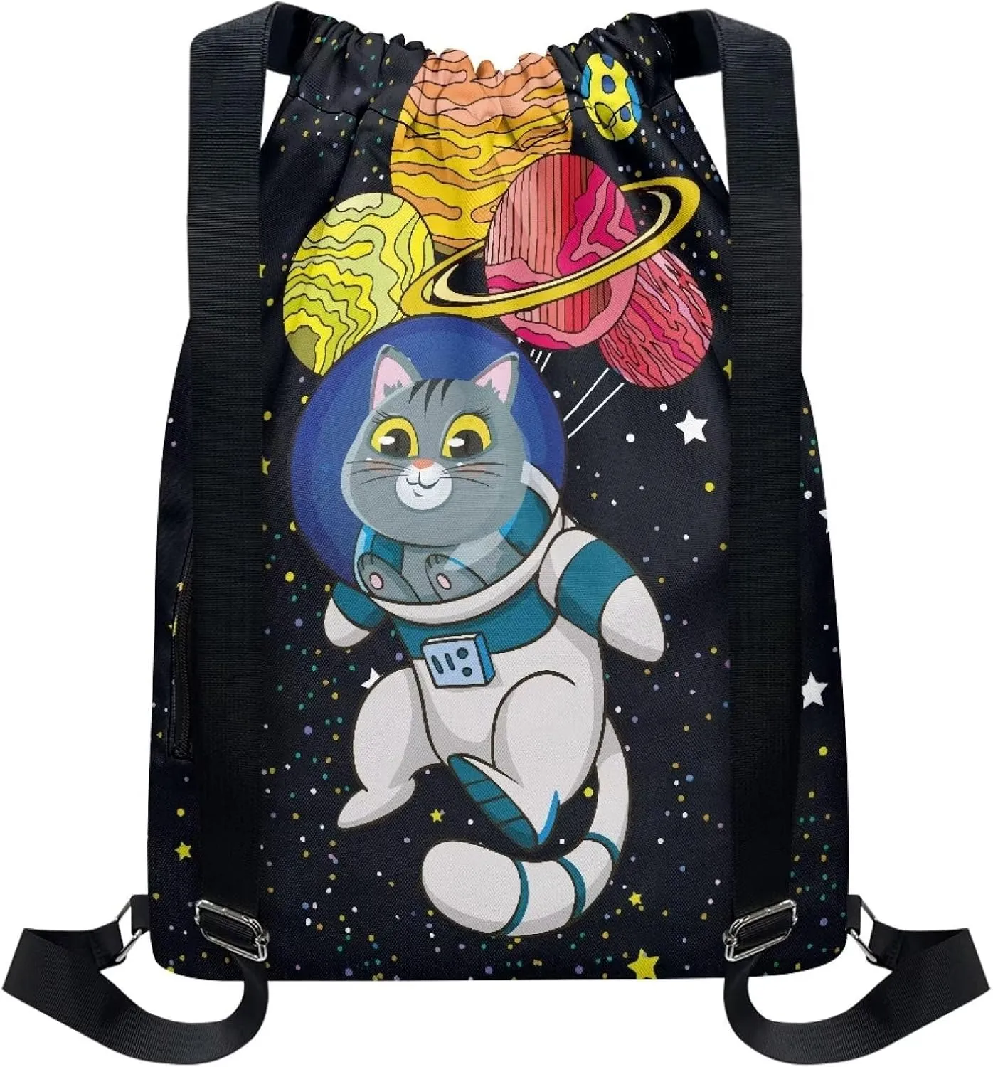 Space Cat Planets Print Drawstring Backpack Sports Gym Bag with Shoes Compartment, Waterproof Draw String Back Bag for Men Women School Bag for Boy Girl Bookbag