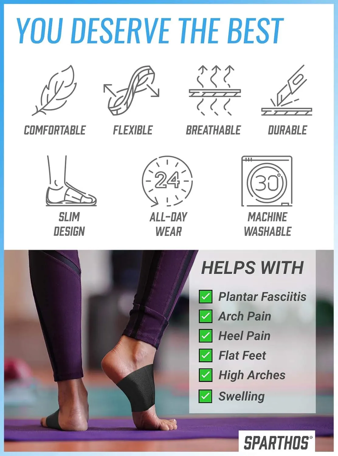 Sparthos Arch Support Sleeve - Plantar Fasciitis Compression Bands - Foot Arch Supports Sleeves, Womens Mens Shoes Socks - Planter Plantars Fascitis Faciatis - for Men and Women (Black-M)