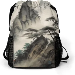 Sports Belt Pocket,Chinese Landscape Painting Drawstring Backpack,drawstring Bag,travel Drawstring Backpack with Side Pocket