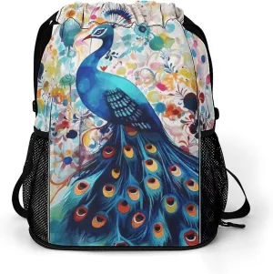 Sports Belt Pocket,Color Peacock Drawstring Backpack,drawstring Bag,travel Drawstring Backpack with Side Pocket, 45.5x41.5x36cm, Style