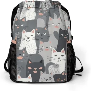 Sports Belt Pocket,Cute Funny Grey Cats Pattern Drawstring Backpack,drawstring Bag,travel Drawstring Backpack with Side Pocket