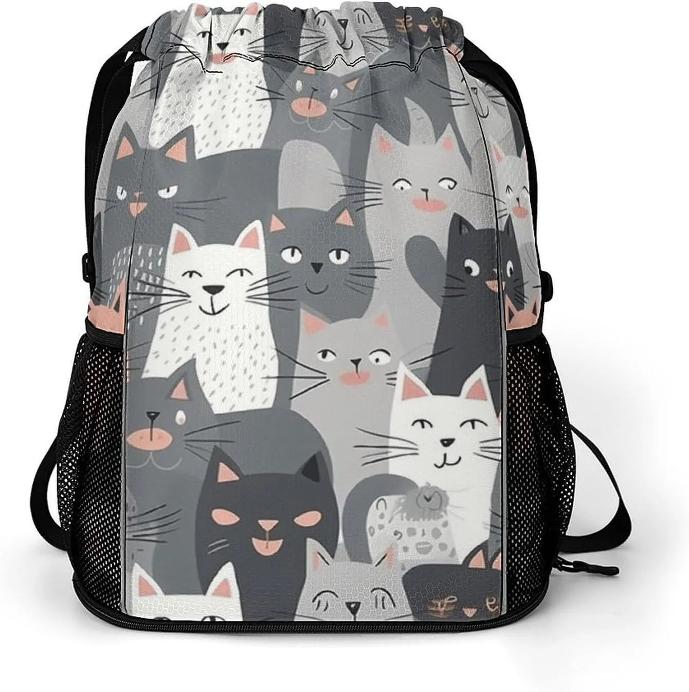 Sports Belt Pocket,Cute Funny Grey Cats Pattern Drawstring Backpack,drawstring Bag,travel Drawstring Backpack with Side Pocket