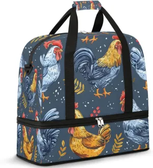 Sports Duffel Bag, Foldable Rustic Farmhouse Animal Chicken Travel Duffel Bag, Gym Yoga Beach Bag Weekender Overnight Bag with Shoes Compartment for Men Women, Vintage Farm