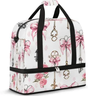 Sports Duffel Bag, Foldable Valentines Day Travel Duffel Bag, Gym Yoga Beach Bag Weekender Overnight Bag with Shoes Compartment for Men Women, Key Delicate Bow French