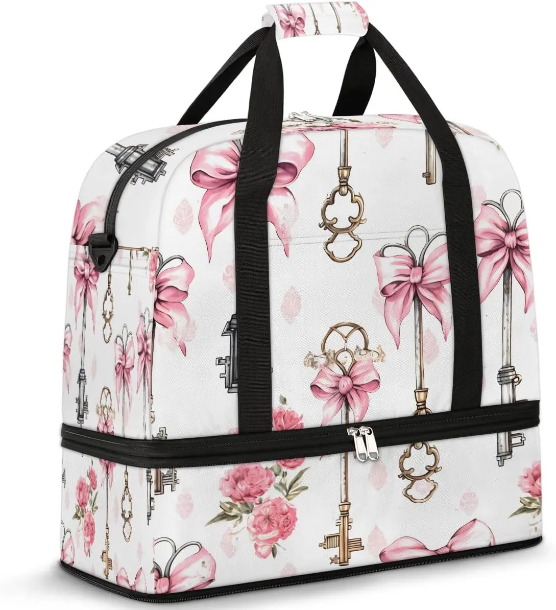 Sports Duffel Bag, Foldable Valentines Day Travel Duffel Bag, Gym Yoga Beach Bag Weekender Overnight Bag with Shoes Compartment for Men Women, Key Delicate Bow French