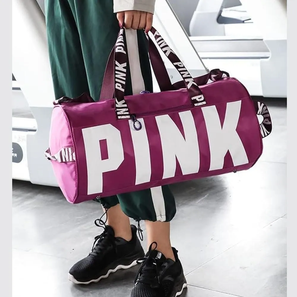 Sports Gym Bag Large Capacity Travel Duffel Bag Sport Shoes Bag with Wet Pocket Compartment for Men and Women Lightweight Multiple Colors PINK Logo (Purple)