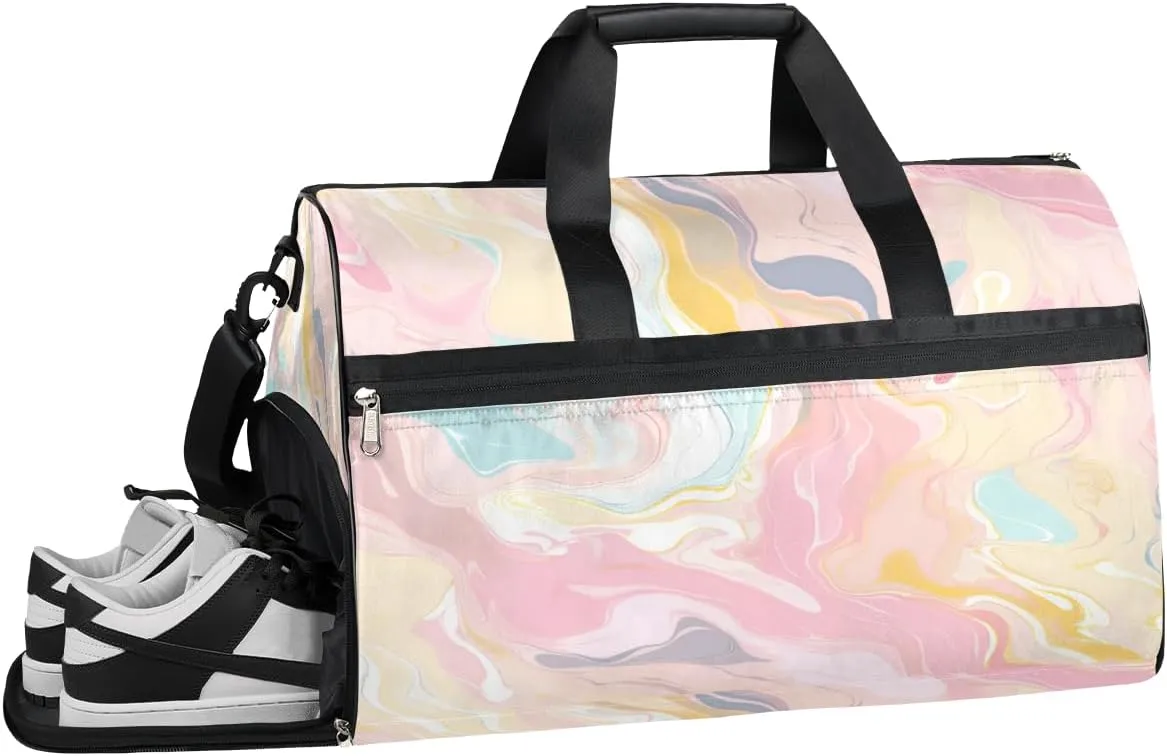Sports Gym Bag Women Men with Wet Pocket & Shoes Compartment, Marble Pastel Colors Color Travel Duffel Bag, Workout Dance Bag Tote Bags, Carry On Weekender