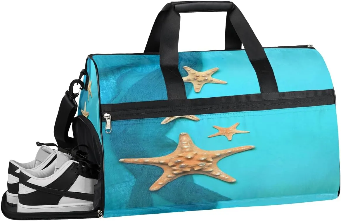 Starfishs Ocean Sports Gym Bag with Wet Pocket & Shoes Compartment Waterproof Workout Duffel Bag for Women and Men Weekender Overnight Duffle Bag Travel Carry-on Tote