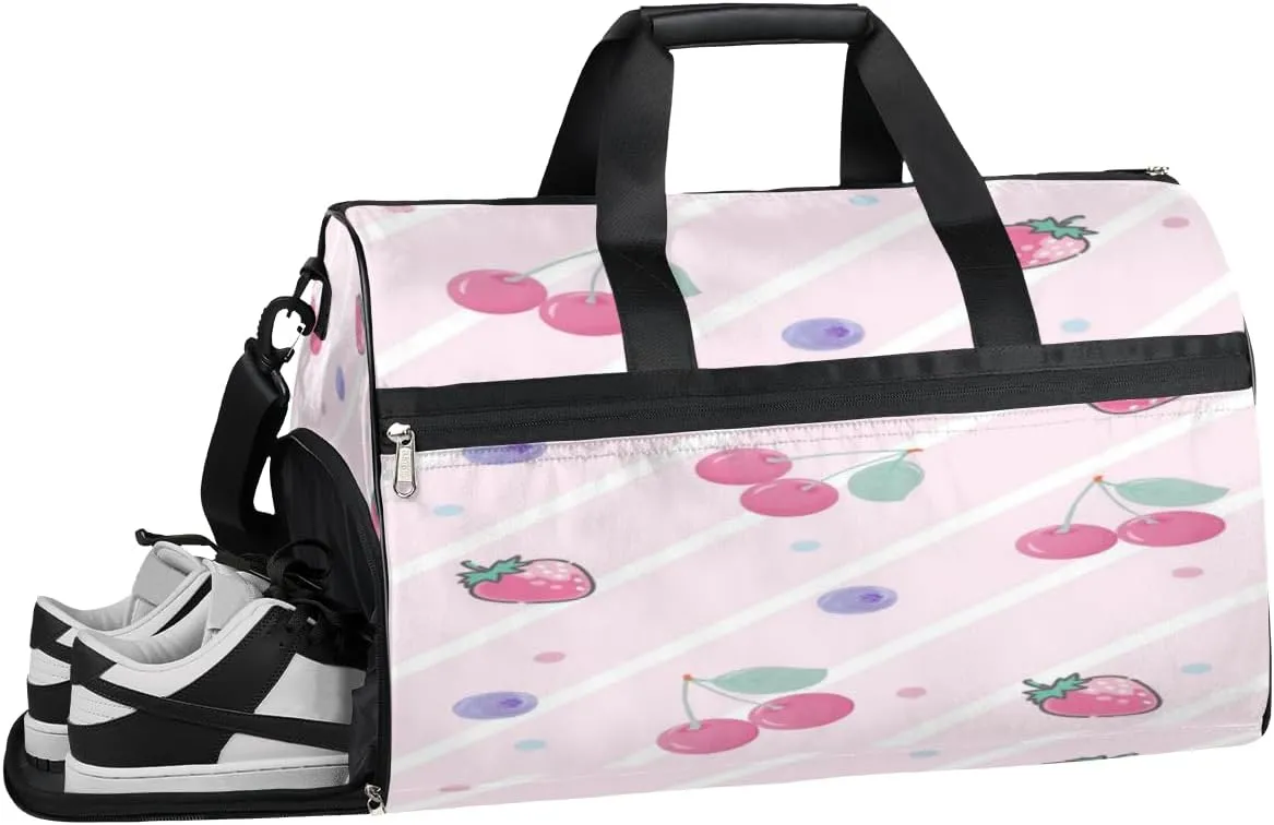 Strawberry Cherry Sports Gym Bag with Wet Pocket & Shoes Compartment Waterproof Workout Duffel Bag for Women and Men Weekender Overnight Duffle Bag Travel Carry-on Tote