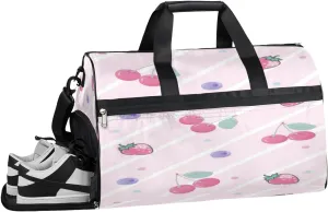 Strawberry Cherry Sports Gym Bag with Wet Pocket & Shoes Compartment Waterproof Workout Duffel Bag for Women and Men Weekender Overnight Duffle Bag Travel Carry-on Tote