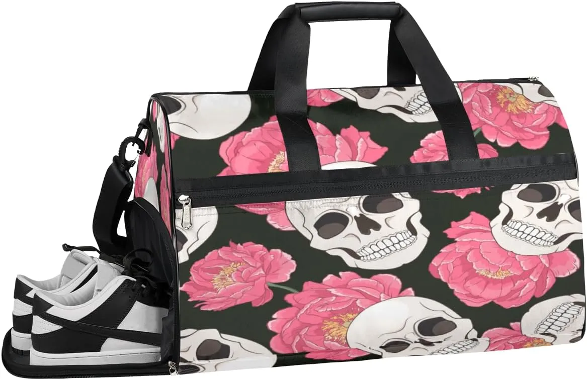 Sugar Skull Flower Floral Sports Gym Bag with Wet Pocket & Shoes Compartment Waterproof Workout Duffel Bag for Women and Men Weekender Overnight Duffle Bag Travel Carry-on Tote