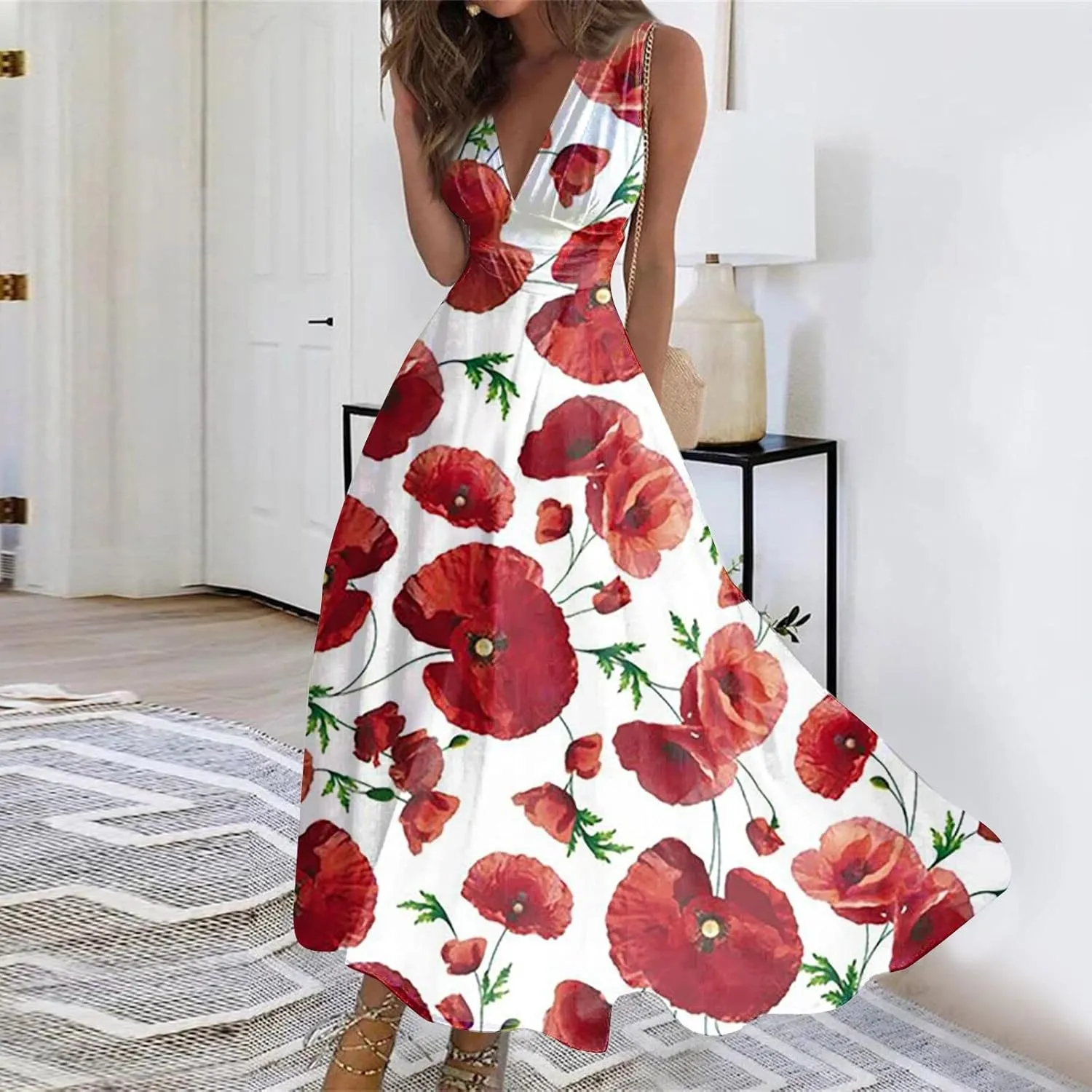Summer Dresses for Women 2023 Dressy Deep V Neck Cold Shoulder Sleeve Maxi Dyeing Print Floor Length Gown Dresses