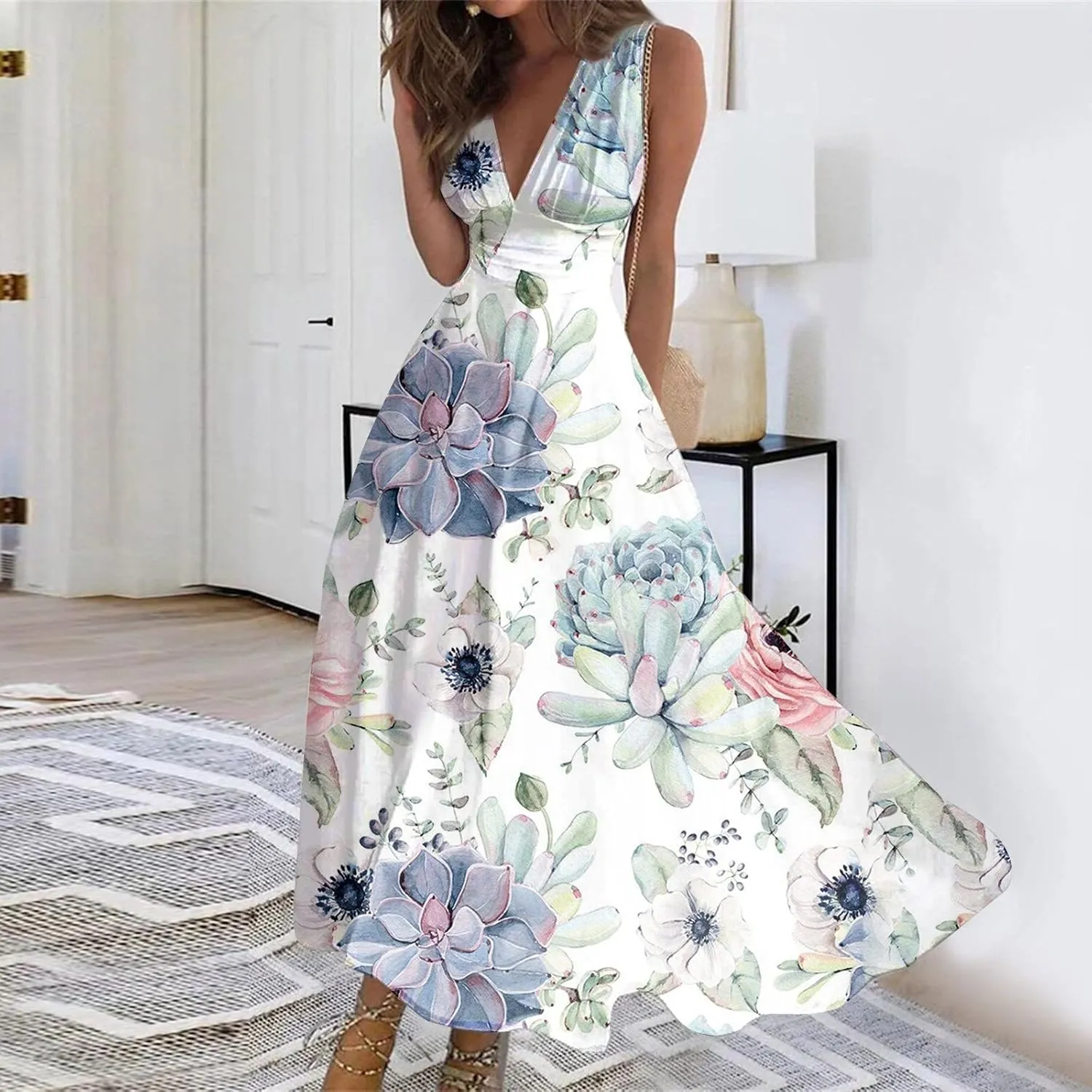 Summer Dresses for Women 2023 Dressy Deep V Neck Cold Shoulder Sleeve Maxi Dyeing Print Floor Length Gown Dresses