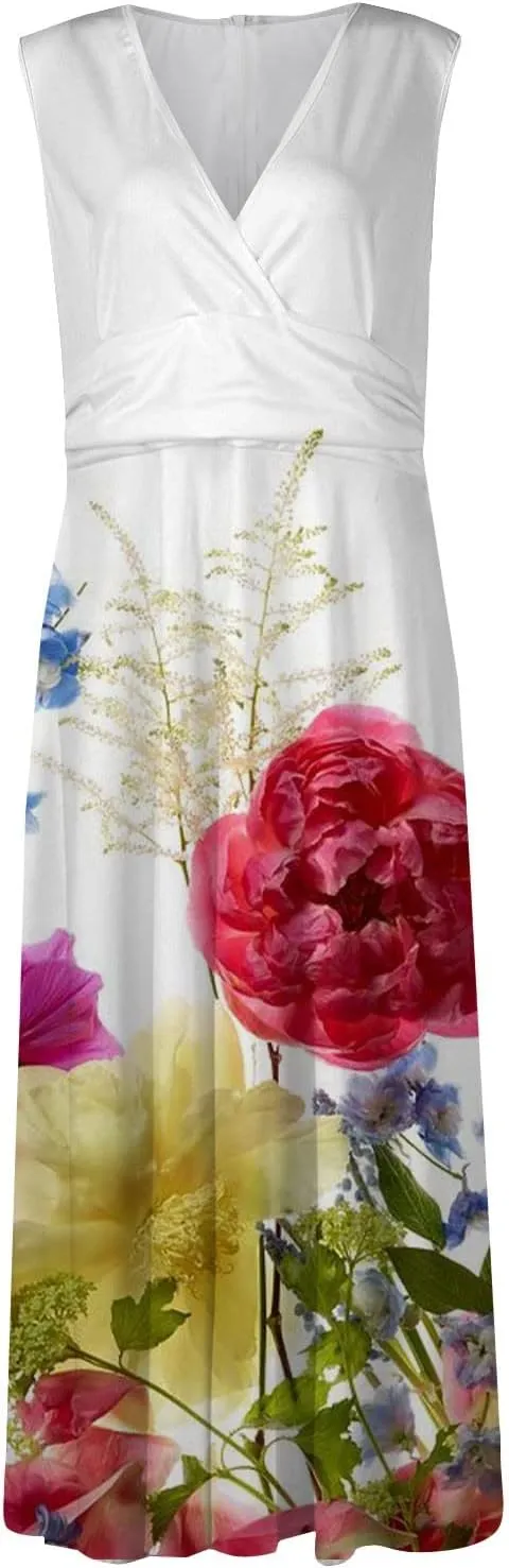 Summer Dresses for Women 2023 Dressy Deep V Neck Cold Shoulder Sleeve Maxi Dyeing Print Floor Length Gown Dresses