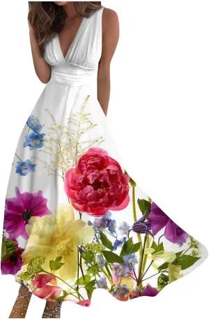 Summer Dresses for Women 2023 Dressy Deep V Neck Cold Shoulder Sleeve Maxi Dyeing Print Floor Length Gown Dresses