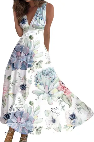 Summer Dresses for Women 2023 Dressy Deep V Neck Cold Shoulder Sleeve Maxi Dyeing Print Floor Length Gown Dresses