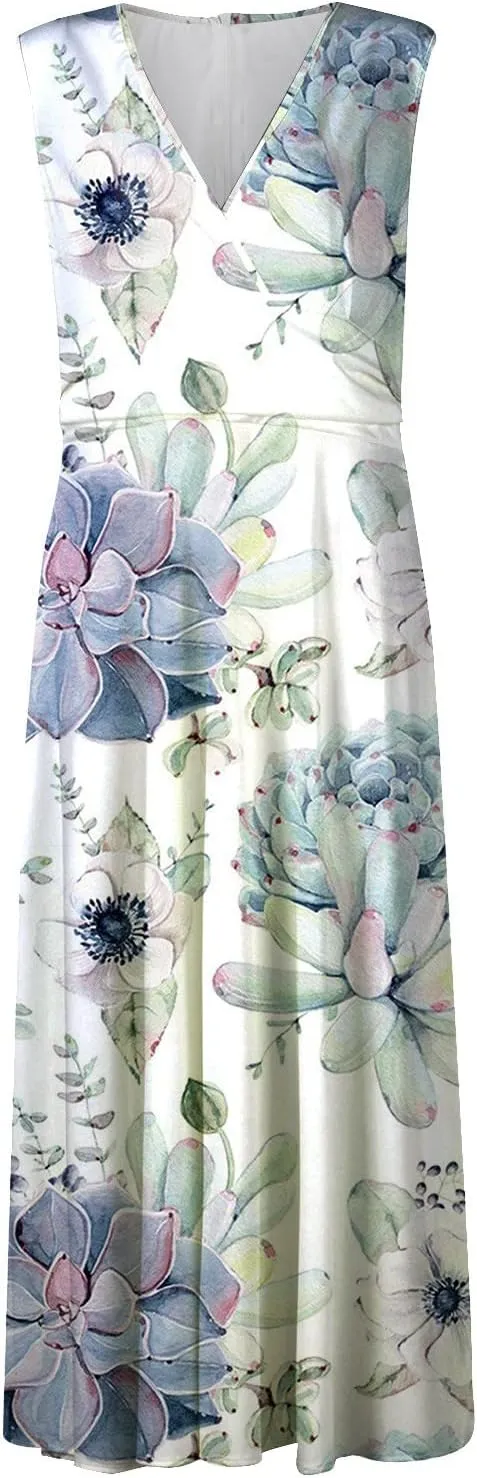 Summer Dresses for Women 2023 Dressy Deep V Neck Cold Shoulder Sleeve Maxi Dyeing Print Floor Length Gown Dresses