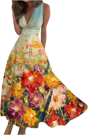 Summer Dresses for Women 2023 Dressy Deep V Neck Cold Shoulder Sleeve Maxi Dyeing Print Floor Length Gown Dresses