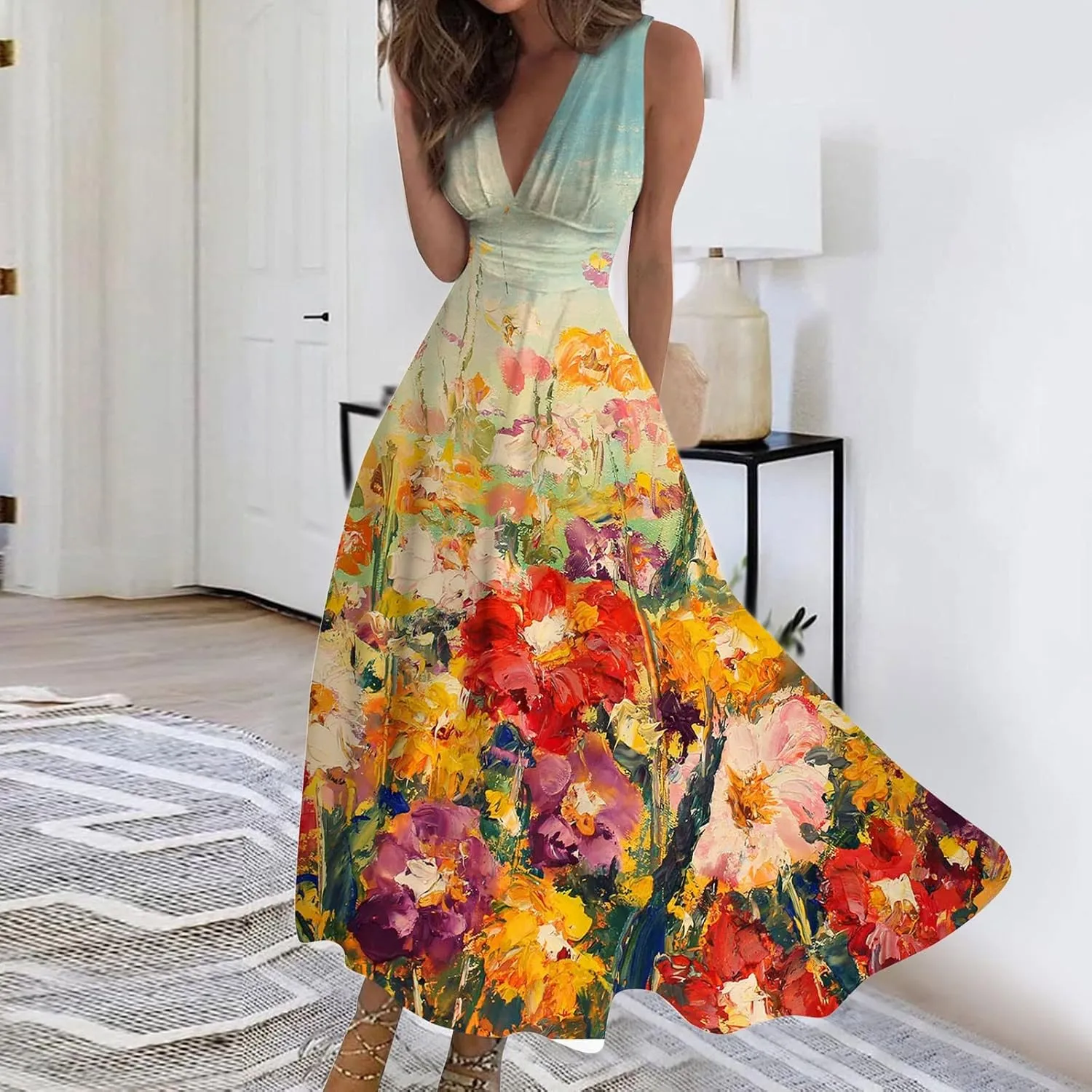 Summer Dresses for Women 2023 Dressy Deep V Neck Cold Shoulder Sleeve Maxi Dyeing Print Floor Length Gown Dresses