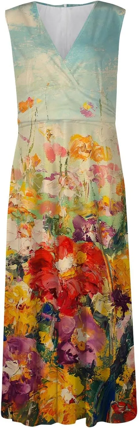 Summer Dresses for Women 2023 Dressy Deep V Neck Cold Shoulder Sleeve Maxi Dyeing Print Floor Length Gown Dresses