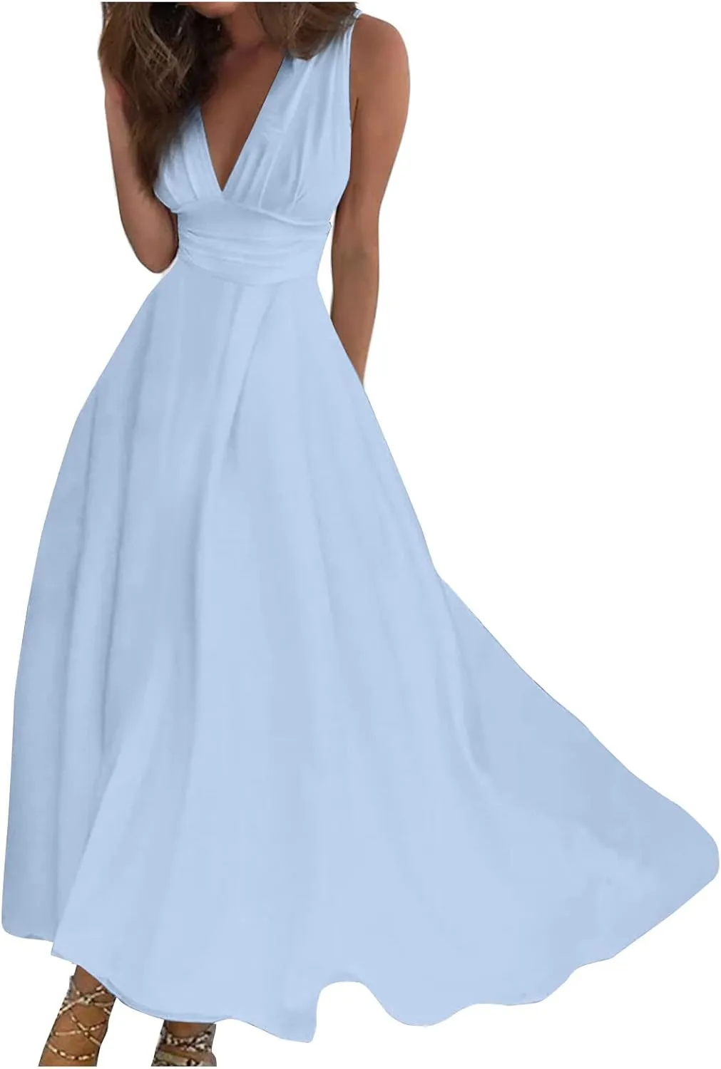 Summer Dresses for Women 2023 Trendy Solid Color Cold Shoulder Sleeve Maxi Ruffle Hem Fit and Flare Dresses