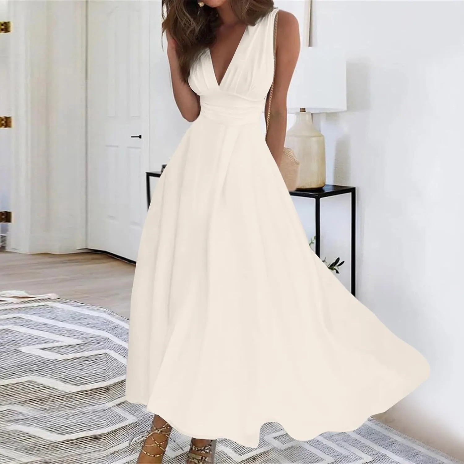 Summer Dresses for Women 2023 Trendy Solid Color Cold Shoulder Sleeve Maxi Ruffle Hem Fit and Flare Dresses