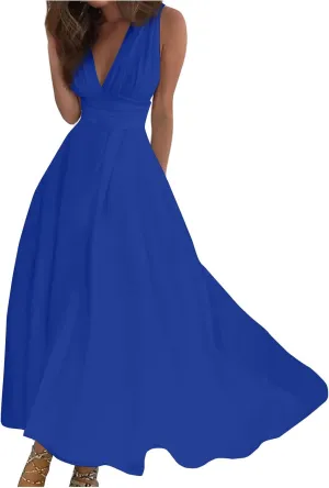 Summer Dresses for Women 2023 Trendy Solid Color Cold Shoulder Sleeve Maxi Ruffle Hem Fit and Flare Dresses