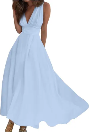 Summer Dresses for Women 2023 Trendy Solid Color Cold Shoulder Sleeve Maxi Ruffle Hem Fit and Flare Dresses