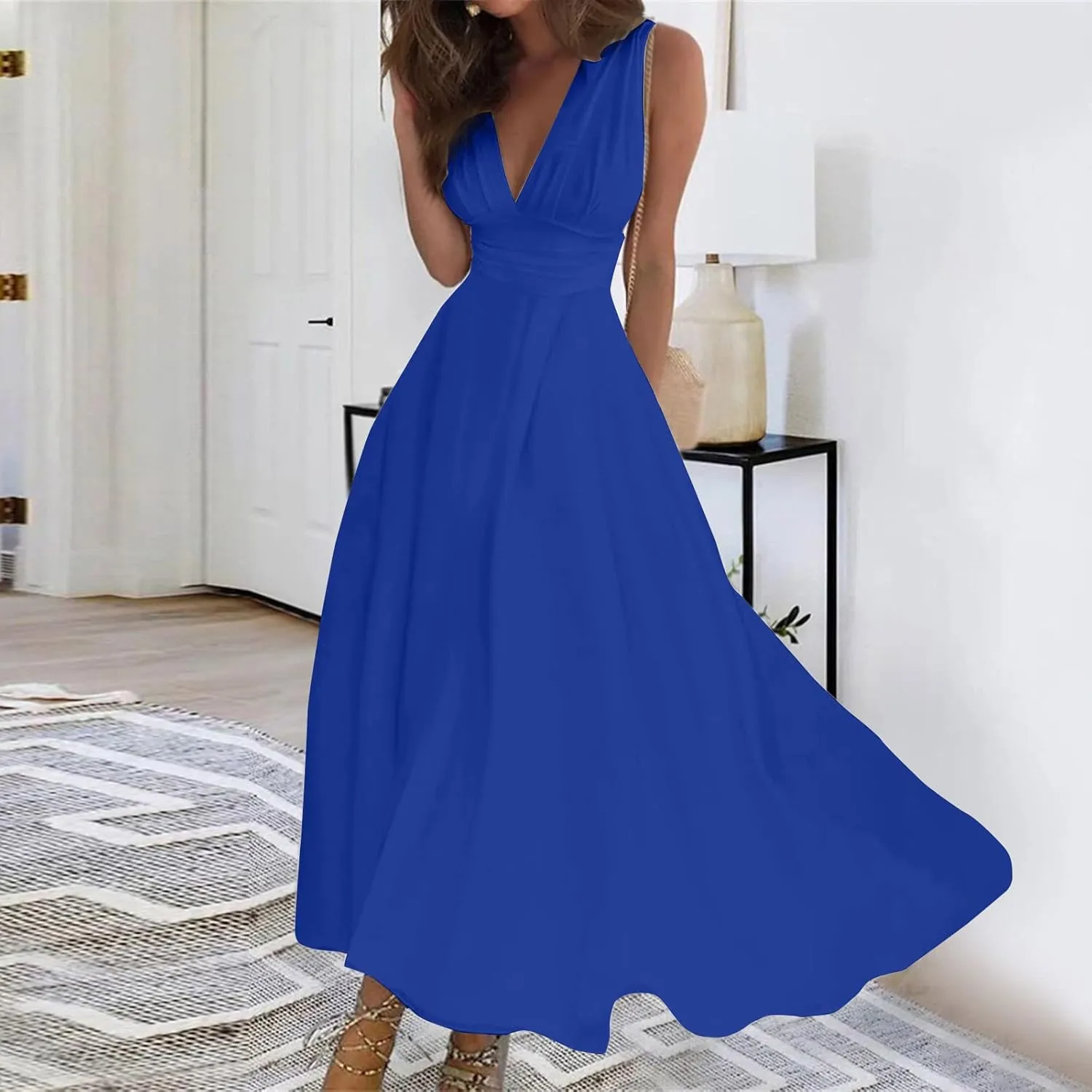 Summer Dresses for Women 2023 Trendy Solid Color Cold Shoulder Sleeve Maxi Ruffle Hem Fit and Flare Dresses