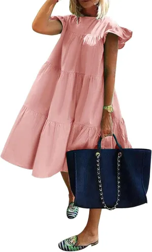 Summer Dresses for Women 2023,Plus Size Casual Cute Babydoll Dress,Tiered Ruffle Flowy Boho Beach Sundress