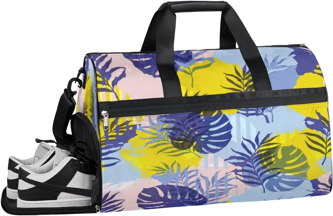 Summer Palm Leaves Sports Gym Bag with Wet Pocket & Shoes Compartment Waterproof Workout Duffel Bag for Women and Men Weekender Overnight Duffle Bag Travel Carry-on Tote