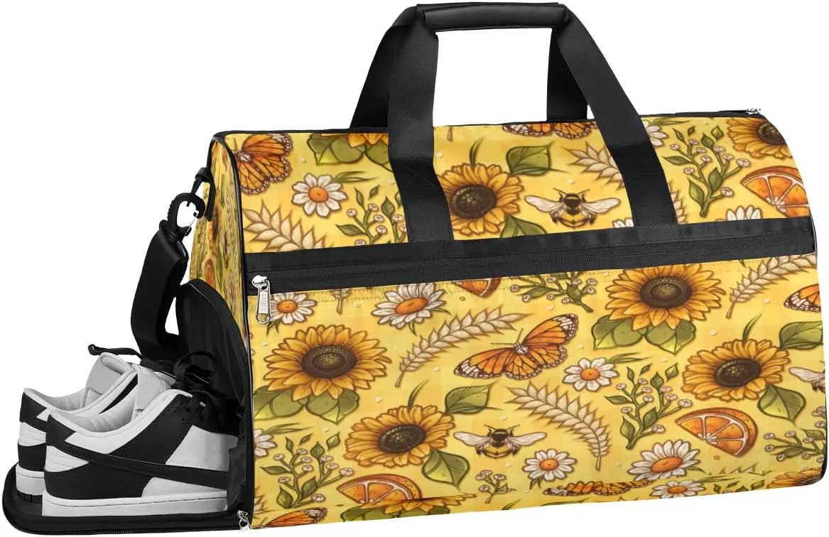 Summer Sunflower Lemon Sports Gym Bag with Wet Pocket & Shoes Compartment Waterproof Workout Duffel Bag for Women and Men Weekender Overnight Duffle Bag Travel Carry-on Tote