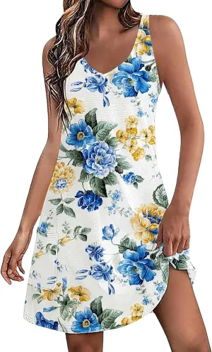 Sundresses for Women Summer Casual V Neck Sleeveless Sun Dresses Boho Tank Dress 4th of July Patriotic Beach Dresses