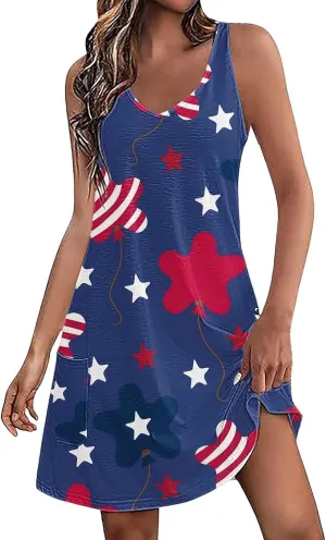 Sundresses for Women Summer Casual V Neck Sleeveless Sun Dresses Boho Tank Dress 4th of July Patriotic Beach Dresses