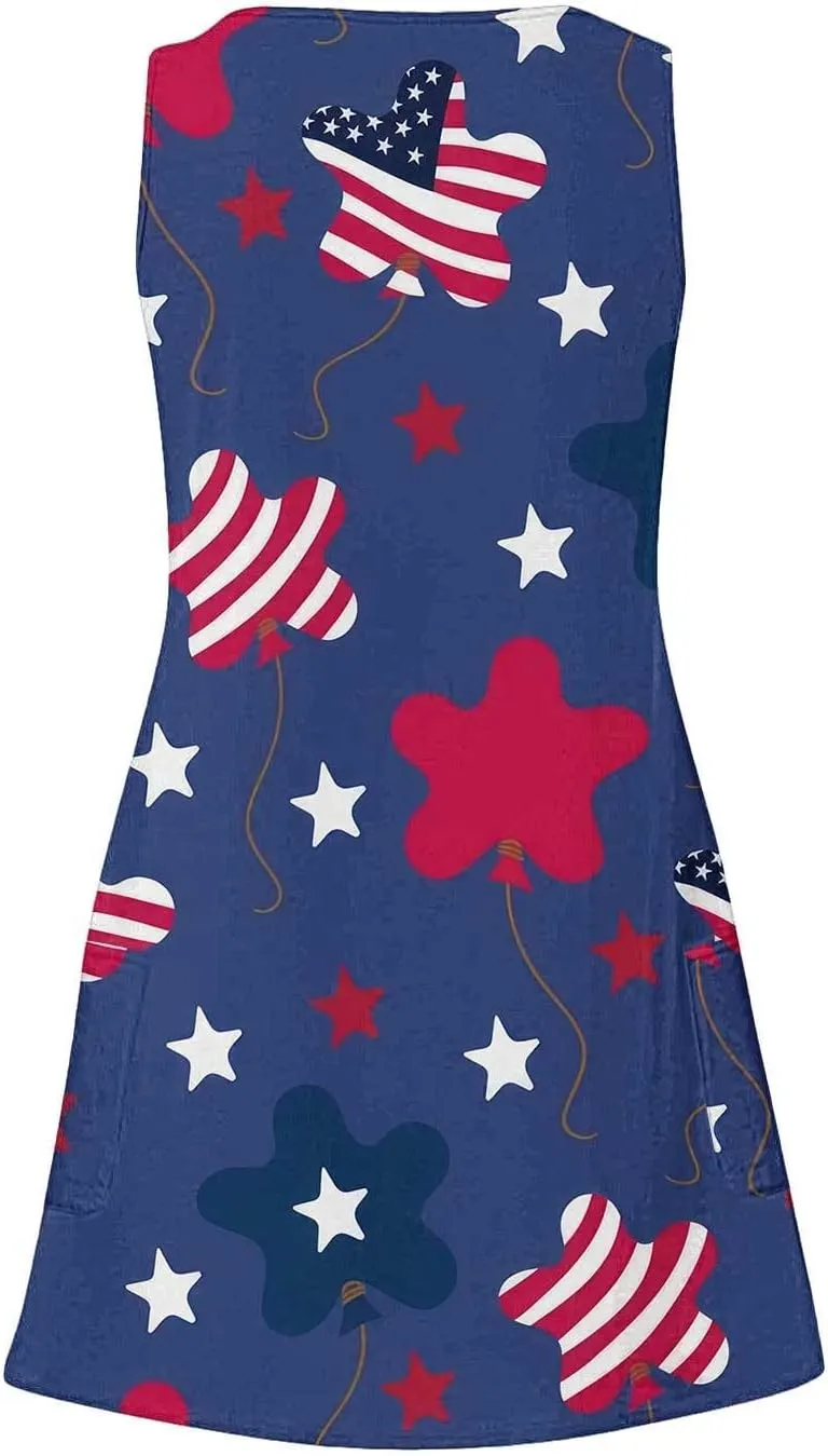 Sundresses for Women Summer Casual V Neck Sleeveless Sun Dresses Boho Tank Dress 4th of July Patriotic Beach Dresses