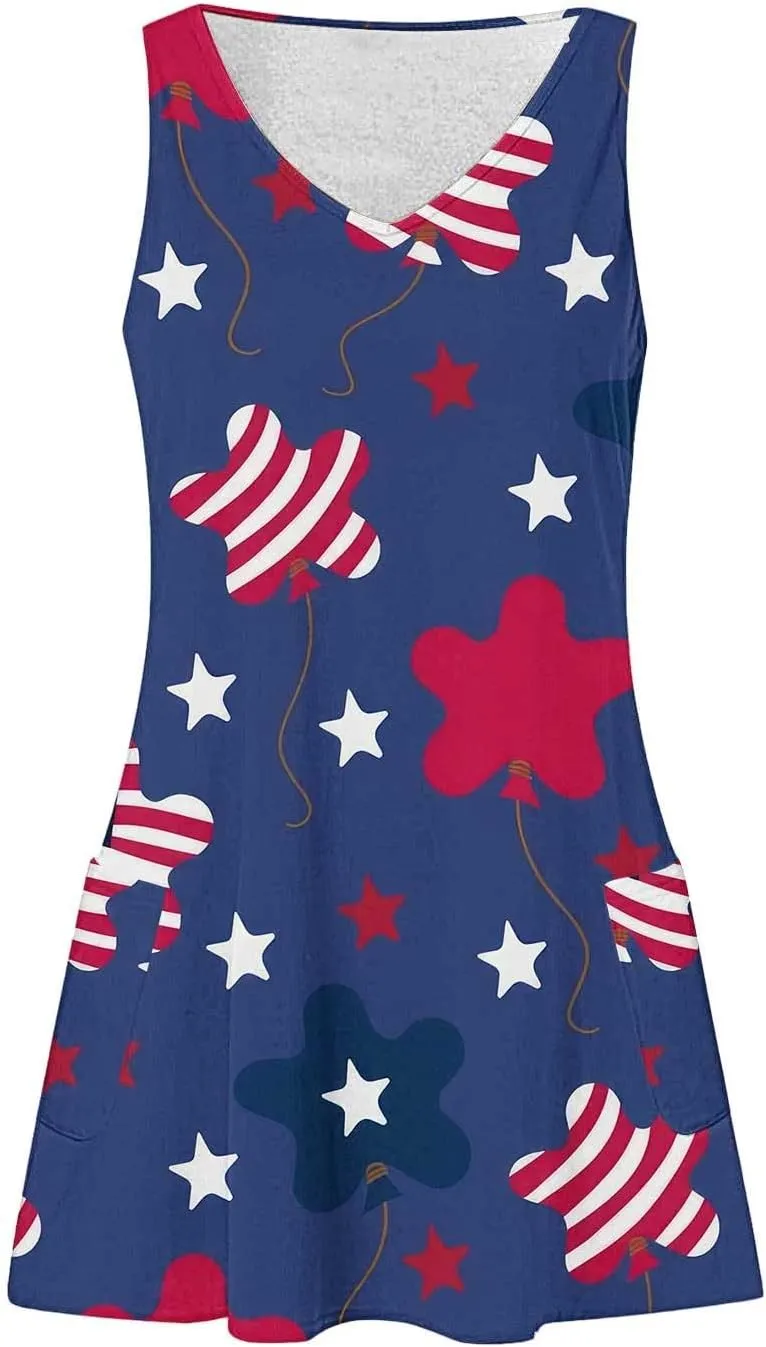 Sundresses for Women Summer Casual V Neck Sleeveless Sun Dresses Boho Tank Dress 4th of July Patriotic Beach Dresses