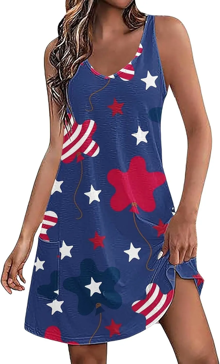 Sundresses for Women Summer Casual V Neck Sleeveless Sun Dresses Boho Tank Dress 4th of July Patriotic Beach Dresses