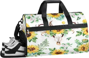 Sunflower Skull Sports Gym Bag with Wet Pocket & Shoes Compartment Waterproof Workout Duffel Bag for Women and Men Weekender Overnight Duffle Bag Travel Carry-on Tote