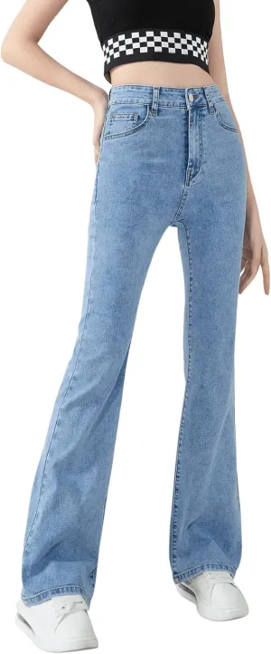SweatyRocks Girl's Casual High Waisted Zip Up Jeans Solid Flare Leg Stretch Denim Pants