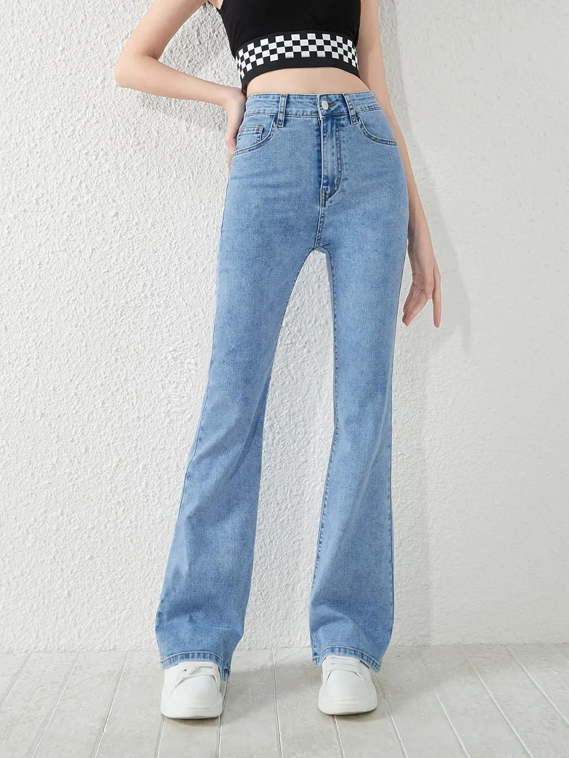 SweatyRocks Girl's Casual High Waisted Zip Up Jeans Solid Flare Leg Stretch Denim Pants