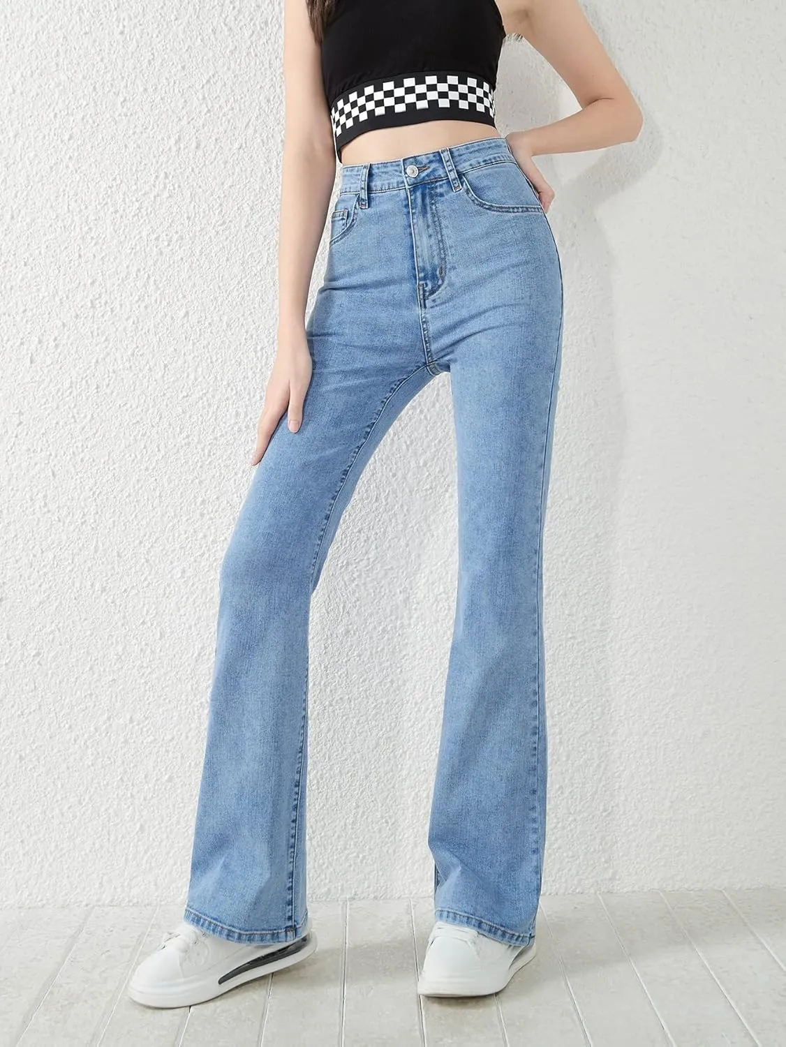 SweatyRocks Girl's Casual High Waisted Zip Up Jeans Solid Flare Leg Stretch Denim Pants
