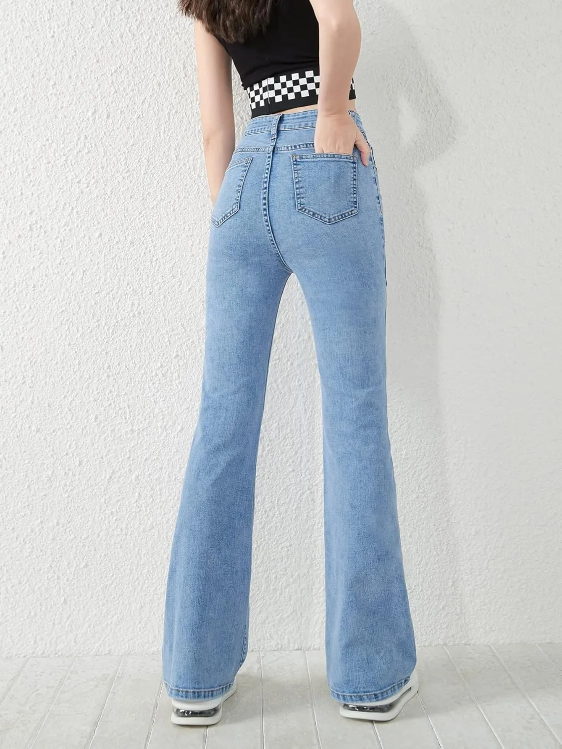 SweatyRocks Girl's Casual High Waisted Zip Up Jeans Solid Flare Leg Stretch Denim Pants