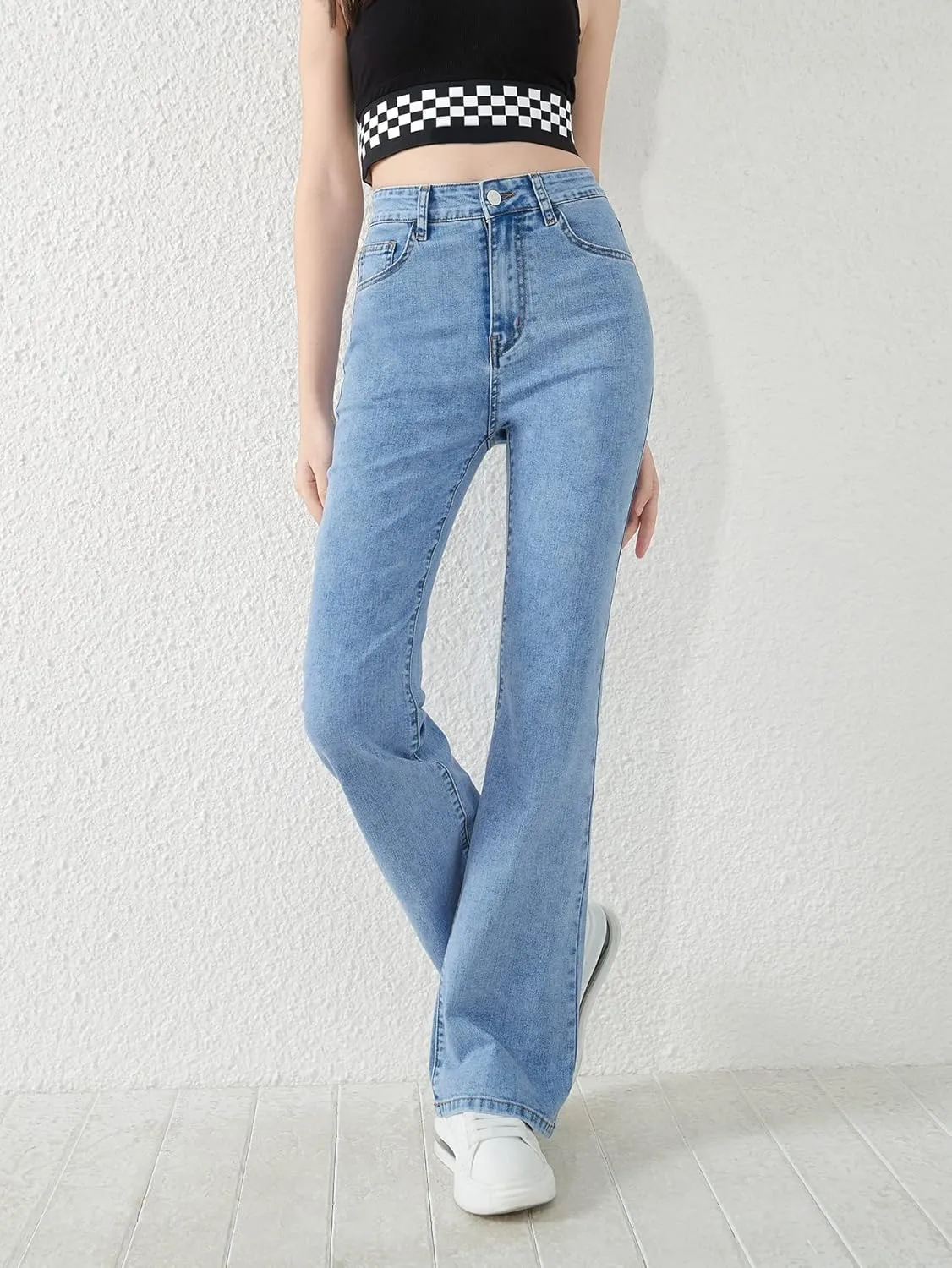 SweatyRocks Girl's Casual High Waisted Zip Up Jeans Solid Flare Leg Stretch Denim Pants