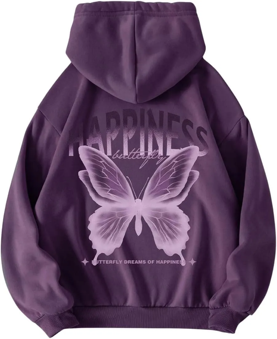 SweatyRocks Women's Butterfly Sweatshirts Letter Graphic Long Sleeve Hoodie Pullover Top
